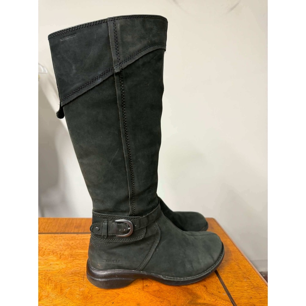 Merrell Womens 9 Captiva Black Waterproof Leather Tall Riding Knee Boots Buckle